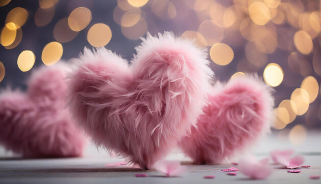 Fluffy and soft pink hearts with bokeh on background. Fur texture. Valentine's Day