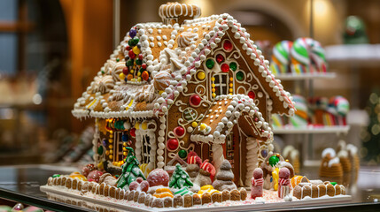 Festive holiday gingerbread house.