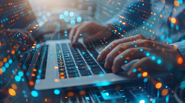  IT specialist working on laptop. Server room, computing, technology and database. Concept of digital technology, IT support, telecommunications and IT security. Programmer or computer engineer