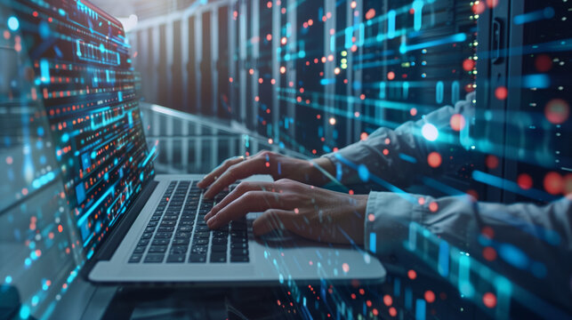 Hands of a computer engineer working on a laptop with server room, computing, technology and database. Programmer concept, digital technology, IT support, telecommunications and IT security.