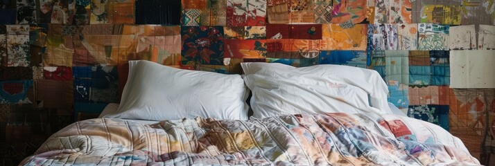 Bedroom with bed with patchwork quilt, colorful patchwork quilt, banner - obrazy, fototapety, plakaty