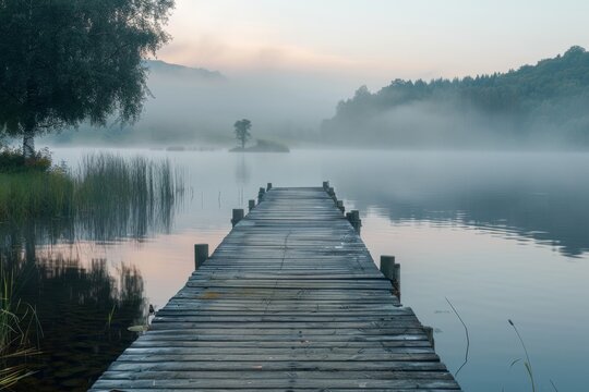 Old wooden jetty on a misty lake at dawn with trees and hills in the background. Serene and mystical landscape photography. Contemplation and solitude concept for design and print with copy space