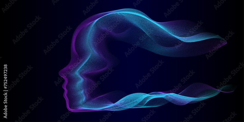 Aufkleber abstract human head shape flowing blue violet wavy light line dots patter in concept of artificial i