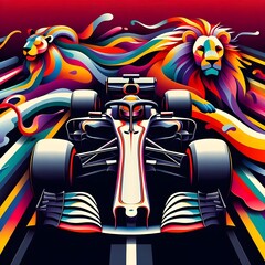 illustration of F1 car With abstract Lion 