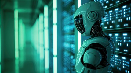 A humanoid robot protect at illuminated server racks, depicting advanced AI and data security concepts.