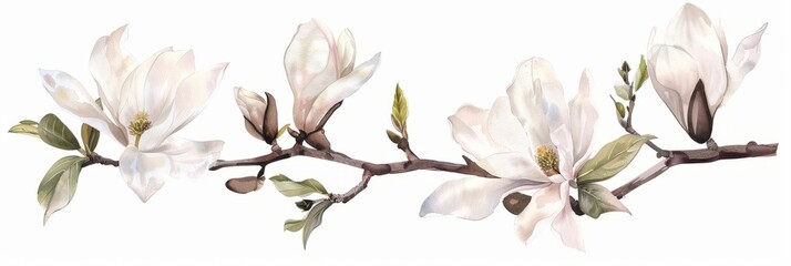 Watercolor illustration of a branch of a blooming Magnolia on a white background, spring flowers