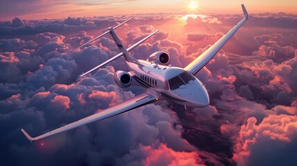 A luxury private jet airplane overflying cloudy skies at sunset 