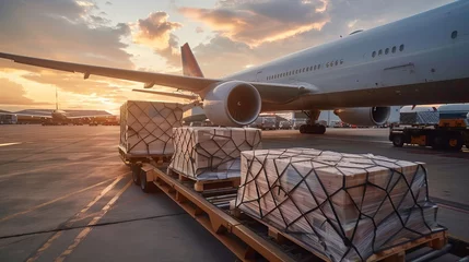 Poster Air cargo logistic containers are loading to an airplane. Air transport shipment prepare for loading to modern freighter jet aircraft at the airport. © Emil