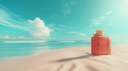 Suitcase and straw hat on sand beach water - Exotic summer vacation adventure travel lifestyle 
