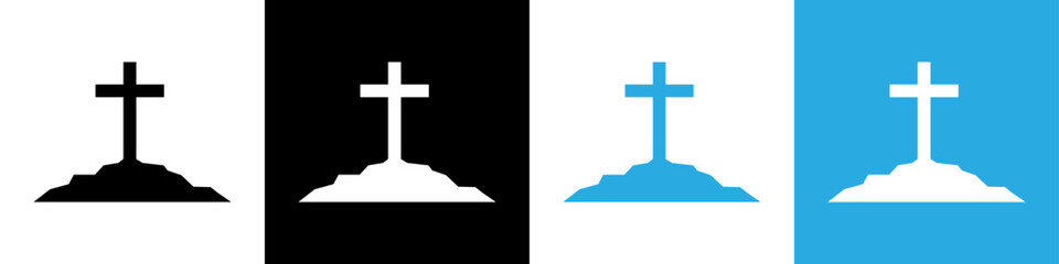 Easter vector illustration. Three crosses on a hill. He Is Risen vector icon. Calvary Cross icon.