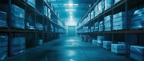 Modern warehouse interior with rows of shelves with packages under bright LED lighting at night.
