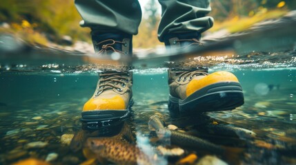 Underwater view of a person's feet in yellow boots with bubbles around, concept of unexpected or surreal situations. - obrazy, fototapety, plakaty