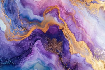 Abstract colorful marble texture background with purple and gold swirls.