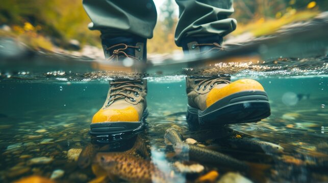 Underwater View Of A Person's Feet In Yellow Boots With Bubbles Around, Concept Of Unexpected Or Surreal Situations.