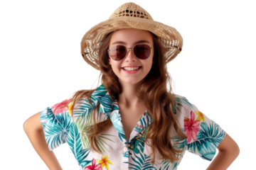 Portrait happy woman with summer holiday beach outfits isolated on transparent background for realax at beach on vacation, travel and holidays vacation concept.