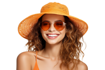 Portrait happy woman with summer holiday beach outfits isolated on transparent background for realax at beach on vacation, travel and holidays vacation concept.