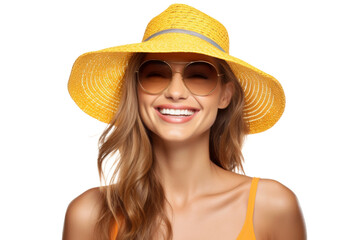 Portrait happy woman with summer holiday beach outfits isolated on transparent background for realax at beach on vacation, travel and holidays vacation concept.