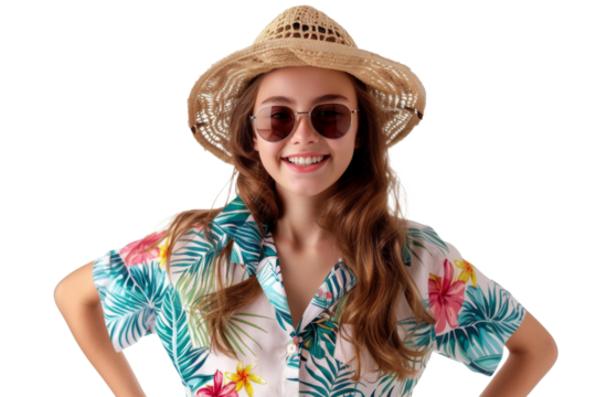 Portrait happy woman with summer holiday beach outfits isolated on transparent background for realax at beach on vacation, travel and holidays vacation concept.