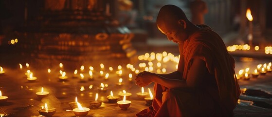 Monk meditating among candle lights with a temple in the background, conveying spirituality and...