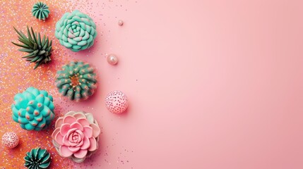 Pastel pink background with blue and succulent cactus plants, festive springtime concept.