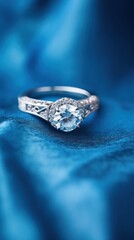 Jewelry diamond ring on blue satin background, shallow dof. Perfect for jewelry store advertisements or engagement-related content with Copy Space.