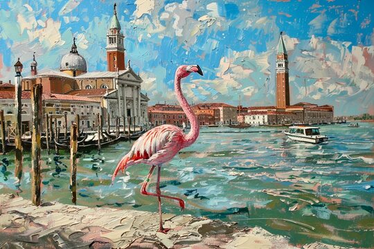 Old Fashioned Paint Strokes Painting With Pink Flamingo On Ocean Shore And City In Distance