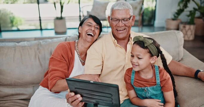 Grandparents, movie or girl with tablet in a family home for film streaming, video or education learning. Smile, child or happy senior grandfather on sofa with grandma or kids on technology to relax