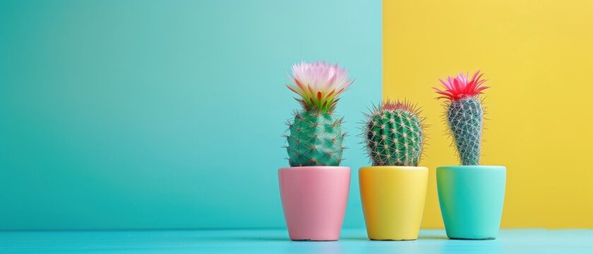 Vibrant potted cactus with flowers against a background.