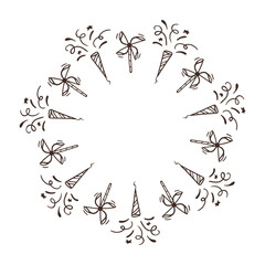 Hand drawn frame with pinwheel and fireworks. Birthday clipart in doodle style. Vector Isolated illustration on a white background. Perfect for daily planner,  social media,  greeting card.