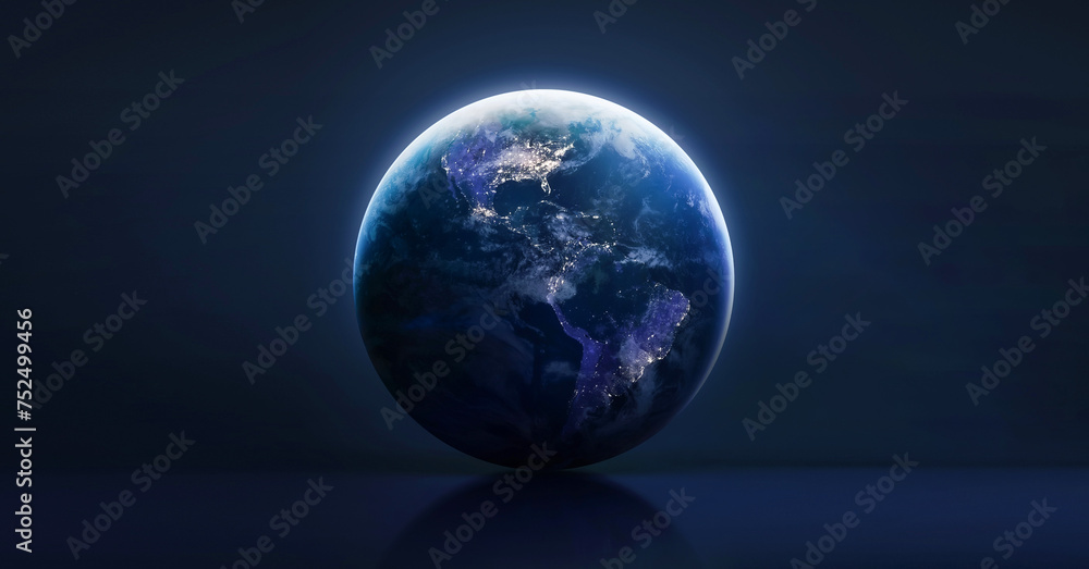 Poster earth planet globe on table. earth sphere at night on dark background. earth hour concept. elements 