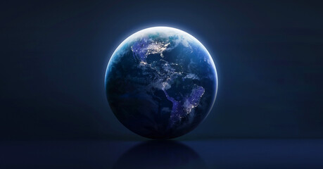 Earth planet globe on table. Earth sphere at night on dark background. Earth Hour concept. Elements of this image furnished by NASA