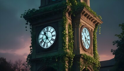 A Highly Realistic Vintage Photo Of A Clock Tower Entwined With Luminous Ivy  Its Leaves Flickering With Bioluminescent Light At Dusk (3) - obrazy, fototapety, plakaty