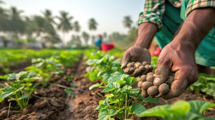 Farmer's hands planting seeds in fertile soil with green crops in the background.
