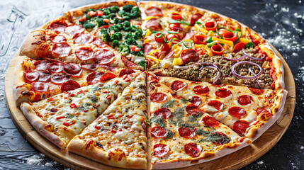 Gourmet pizza with various toppings.