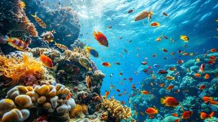 Fototapeta na wymiar Tropical sea underwater fishes on coral reef. Aquarium oceanarium wildlife colorful marine panorama landscape nature snorkel diving