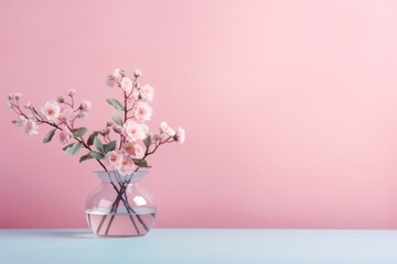 Cherry blossom flowers in vase on light pink background. Greeting card template for wedding, Mother's or Women's day. Springtime composition with copy space. Flat lay, top view