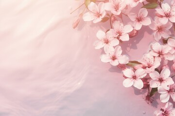 Romantic background with pink cherry blossom flowers floating in water. Minimal nature abstract backdrop. Spa and cosmetic, beauty concept for banner, card. Valentine's or Women's day