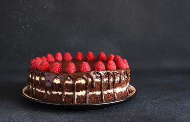 Chocolate cake with vanilla cream and raspberries - 752499854