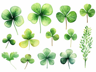 Set of groovy green watercolor clover for saint patrick's day vector illustration on isolated background