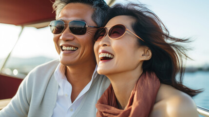 Smiling middle aged asian couple enjoying leisure sailboat ride in summer