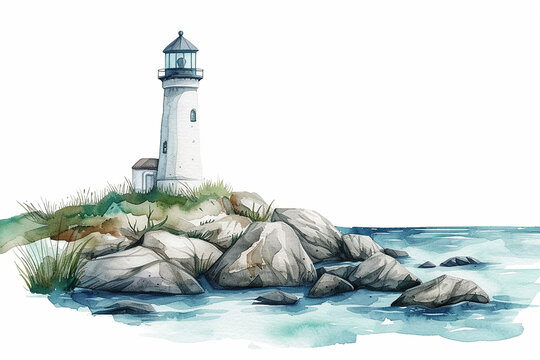 Watercolor lighthouse illustration. Lighthouse, sea and rocks on white background. Hand drawn artwork oil painting Vector Illustration