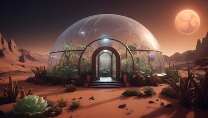 An Intricate Botanical Garden Dome On Mars  With A Variety Of Alien Plants That Glow Softly In The Martian Twilight (4) - obrazy, fototapety, plakaty