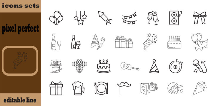 Party thin line icon set. Outline symbol collection. Editable vector stroke. 256x256 Pixel Perfect scalable