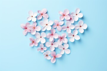 Heart made of cherry flowers on light blue background. Greeting card template for wedding, Mother's or Women's day. Springtime composition/ Love and romantic concept