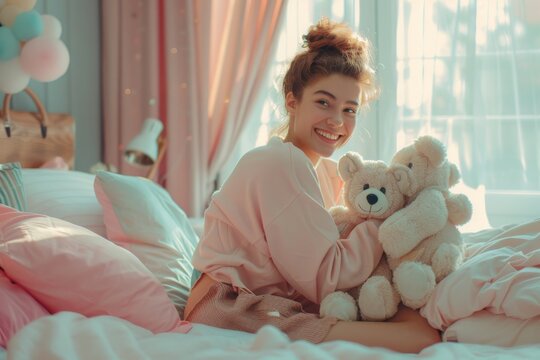 Cheerful young woman with a teddy bear enjoying a cozy morning indoors