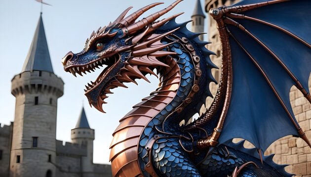 Hyper Realistic Image Of An Intricate Mechanical Dragon With Scales Made Of Polished Copper And Sapphire  Coiled Around A Medieval Tower (4)