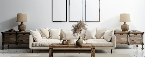 Elegant living room interior with a rustic white sofa, coffee table and decor