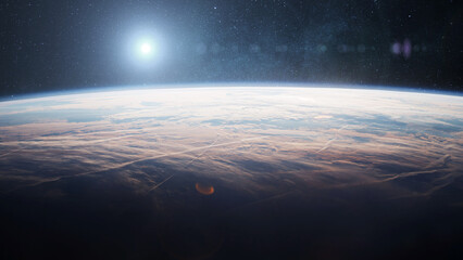 Amazing blue planet Earth with clouds in space with stars and sun light, creative idea. Space, planet, cosmos