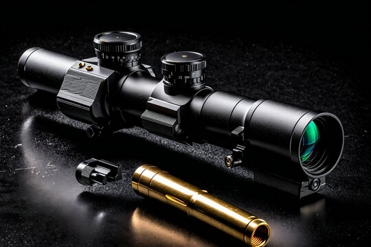 A black scope with a green lens sits on a table with a few bullets next to it