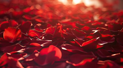 tender scene depicted by a strip of radiant red rose petals strewn randomly. - obrazy, fototapety, plakaty
